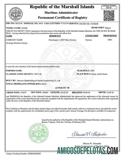 Certificado permanente de registro realista das Ilhas Marshall modelo Word e PDF